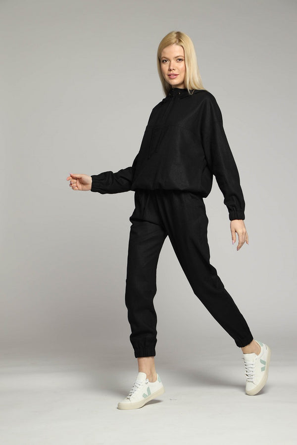Linen track-style pants in black