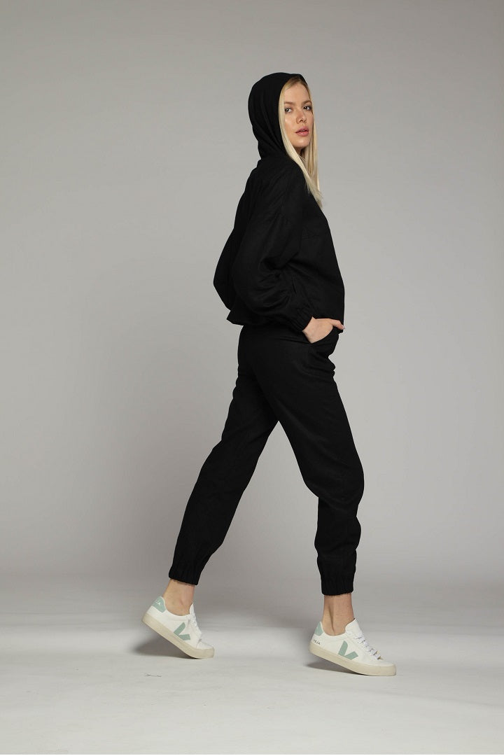 Linen track-style pants in black