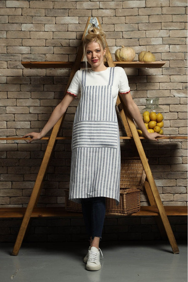 Cross-back linen apron in white and blue stripe