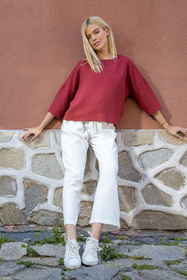 Linen top with 3/4 dropped sleeves