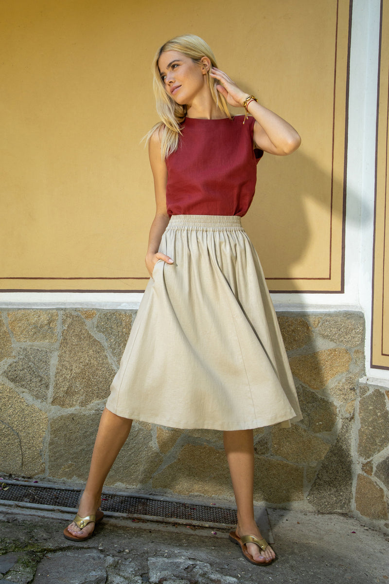 Linen pleated midi skirt